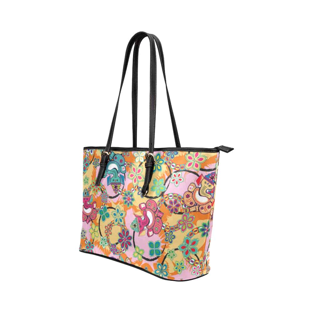Ganesh Print Blue and Pink Leather Tote Bag – BollyDoll