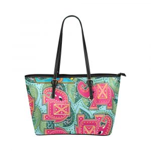 Pink Elephant on Blue Leaves Leather Tote Bag