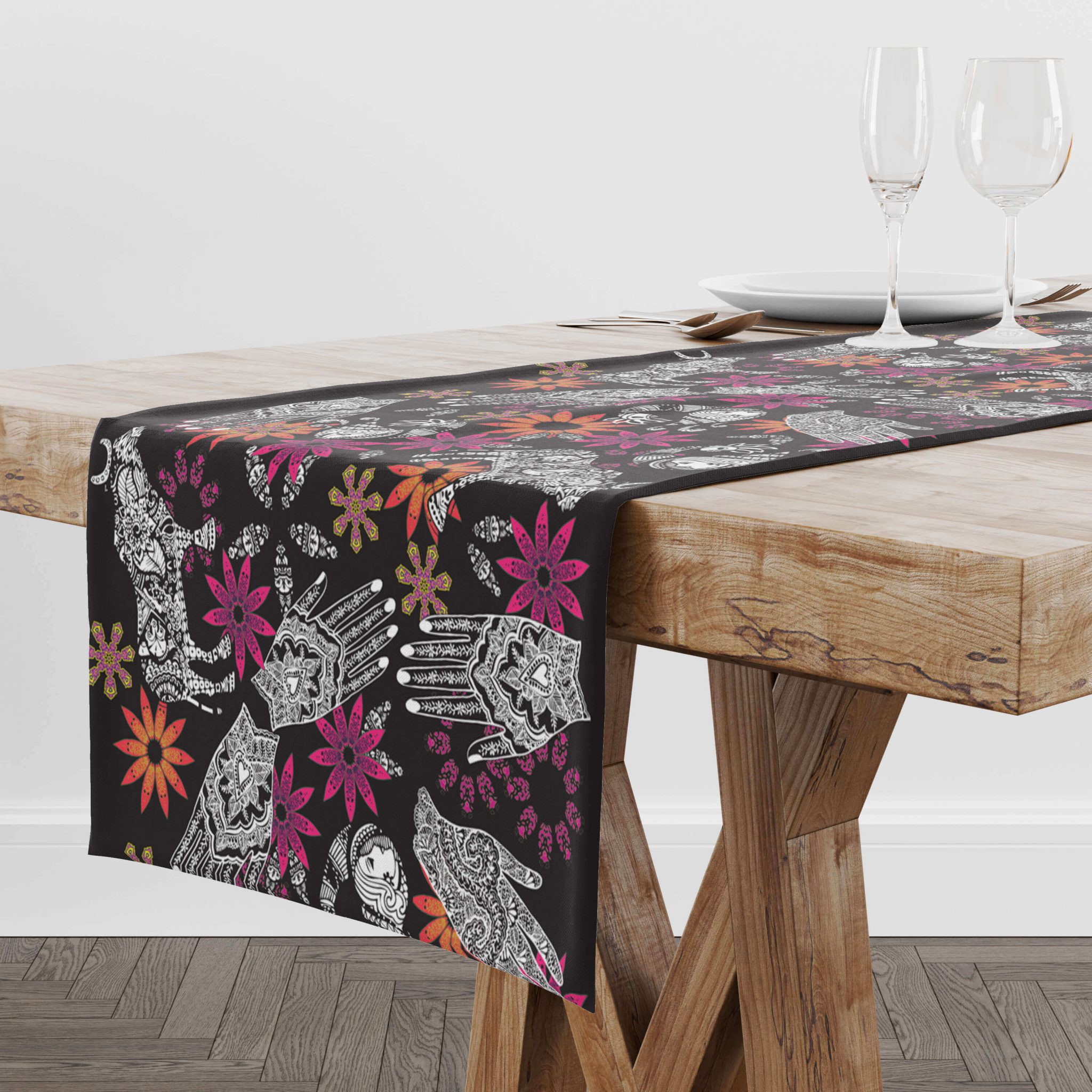 Hand and Animal Collage on Black Table Runner BollyDoll